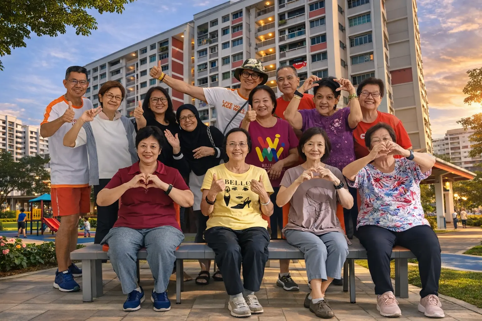 Group photo of older adults and facilitators during an active ageing session in Singapore.