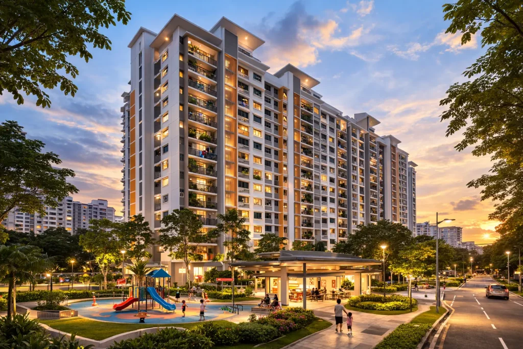 Modern HDB-style residential apartment buildings in Singapore at sunset, with landscaped greenery and warm city lighting