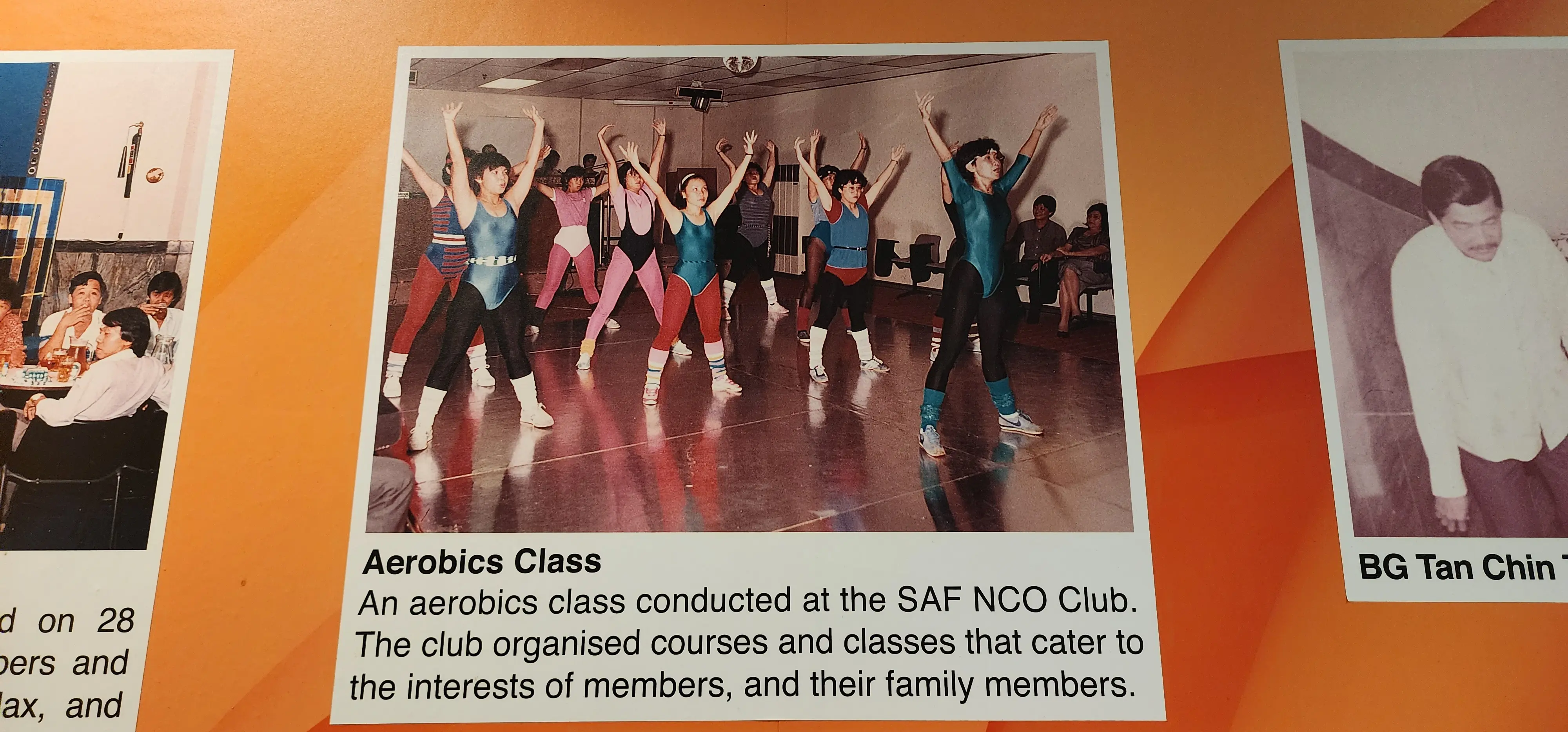 Historic aerobics class associated with the SAF NCO Club in Singapore, showing members taking part in a group fitness activity.
