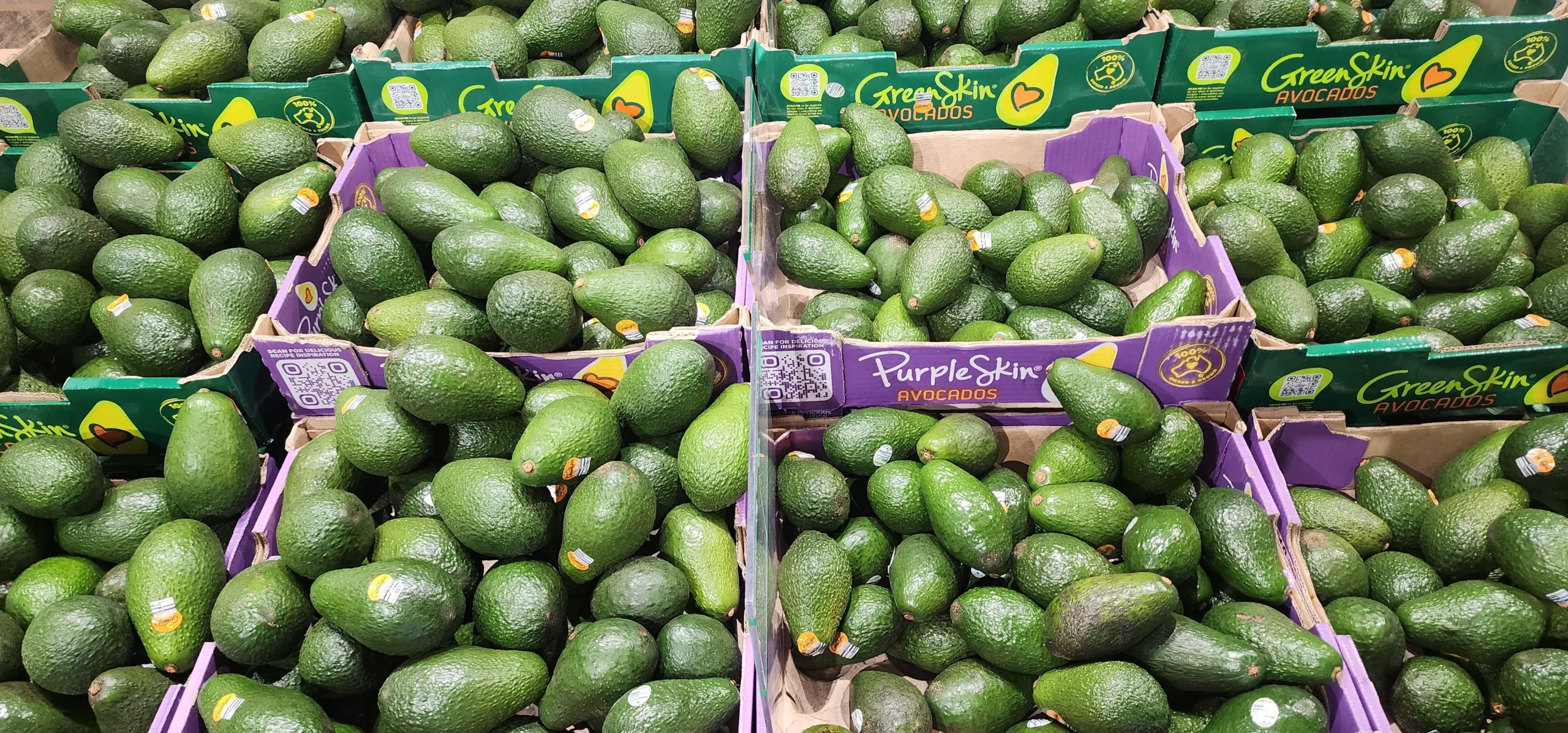 Fresh avocados displayed in crates at a supermarket produce section