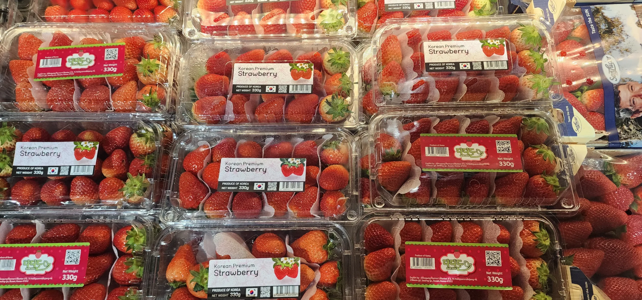 Packaged fresh strawberries displayed in clear plastic containers at a supermarket