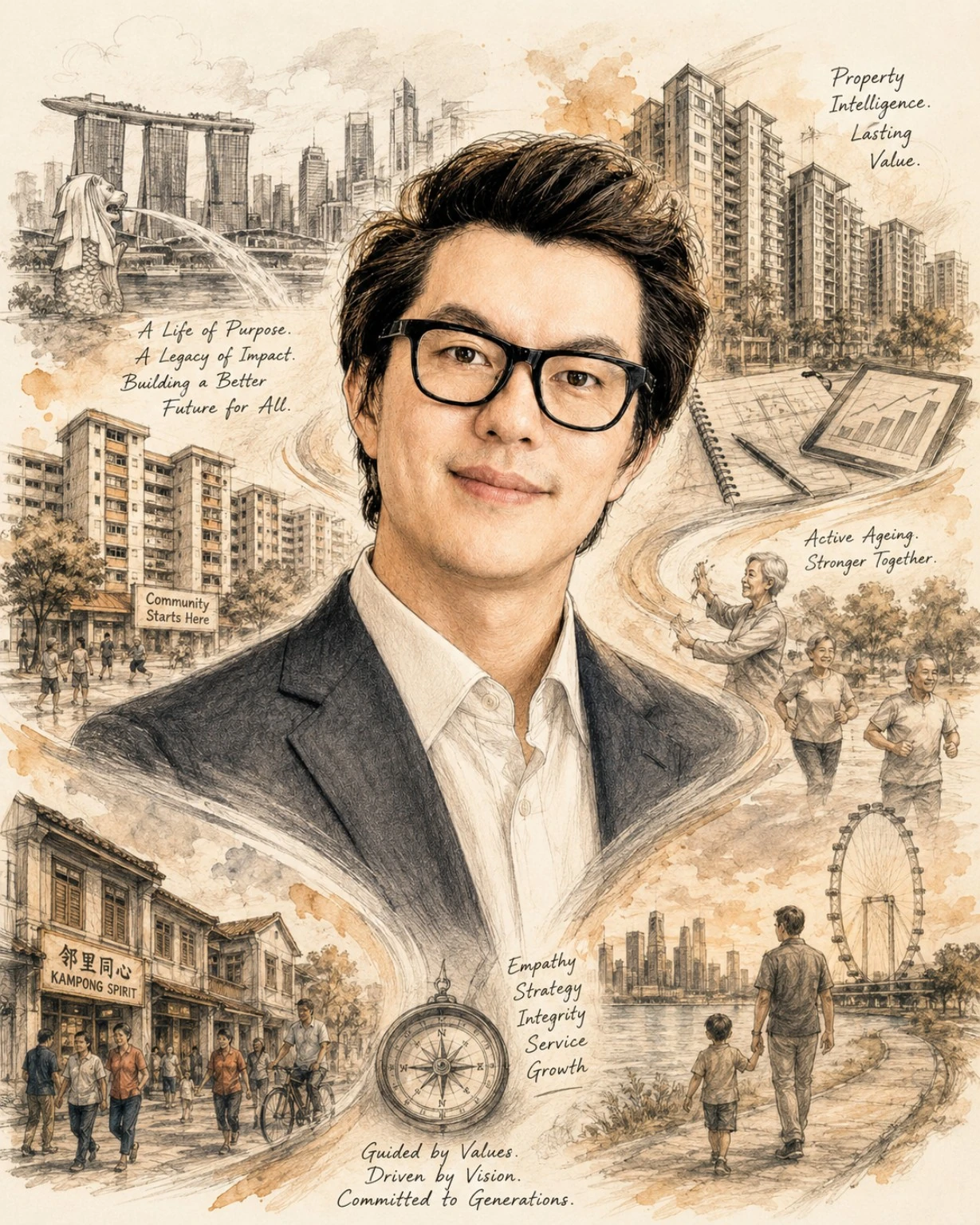 Andrew Koh SG strategic living life sketch featuring property intelligence active ageing community care and Singapore heritage
