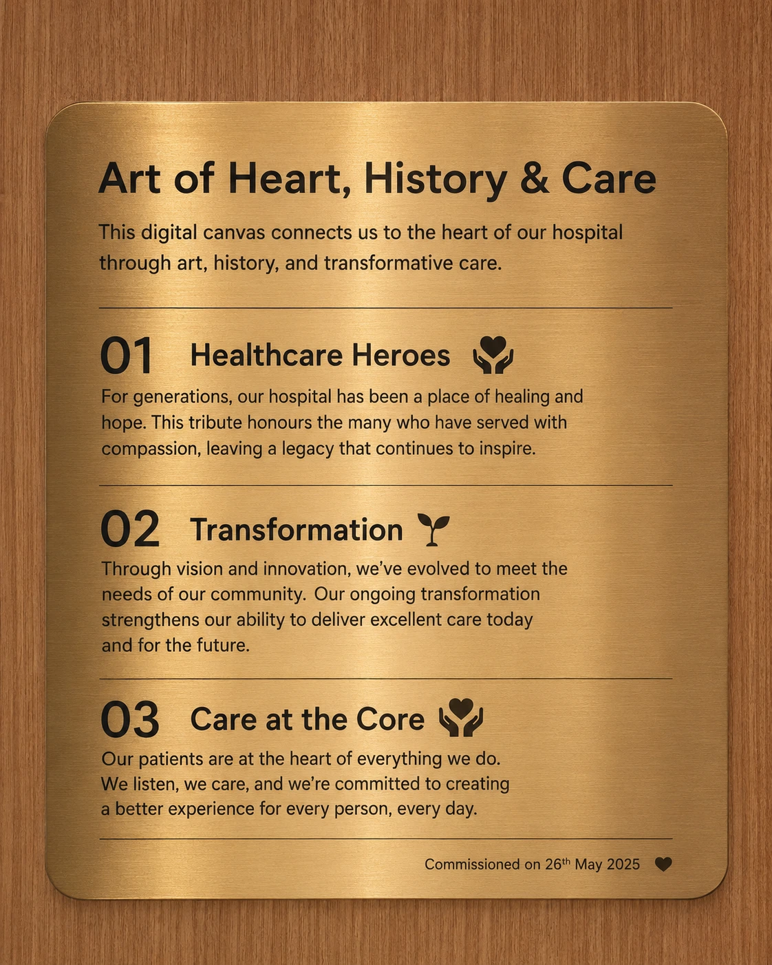 Brass plaque highlighting healthcare heroes, transformation and care at the core, symbolising compassion, dignity and service in healthcare.