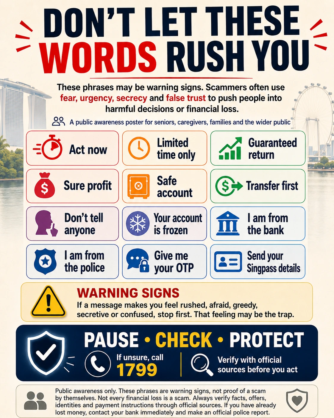 Don’t Let These Words Rush You scam awareness poster for Singapore seniors, caregivers, families and the wider public