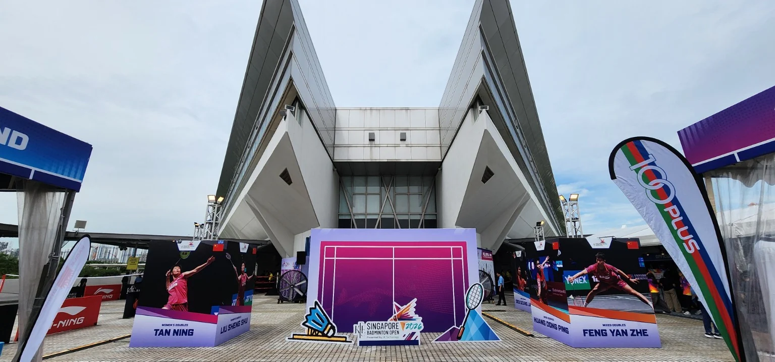 KFF Singapore Badminton Open 2026 event setup outside the Singapore Indoor Stadium