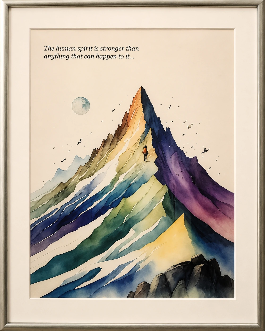 Framed mountain artwork with an inspirational quote, symbolising resilience, quiet strength and the human spirit during difficult seasons of life.