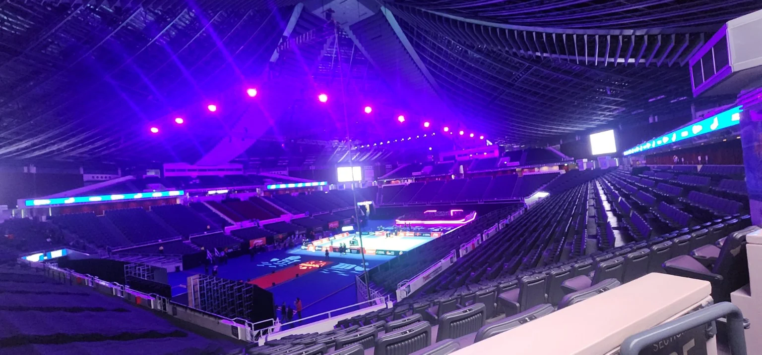 Wide view of the badminton arena inside the Singapore Indoor Stadium during the KFF Singapore Badminton Open 2026