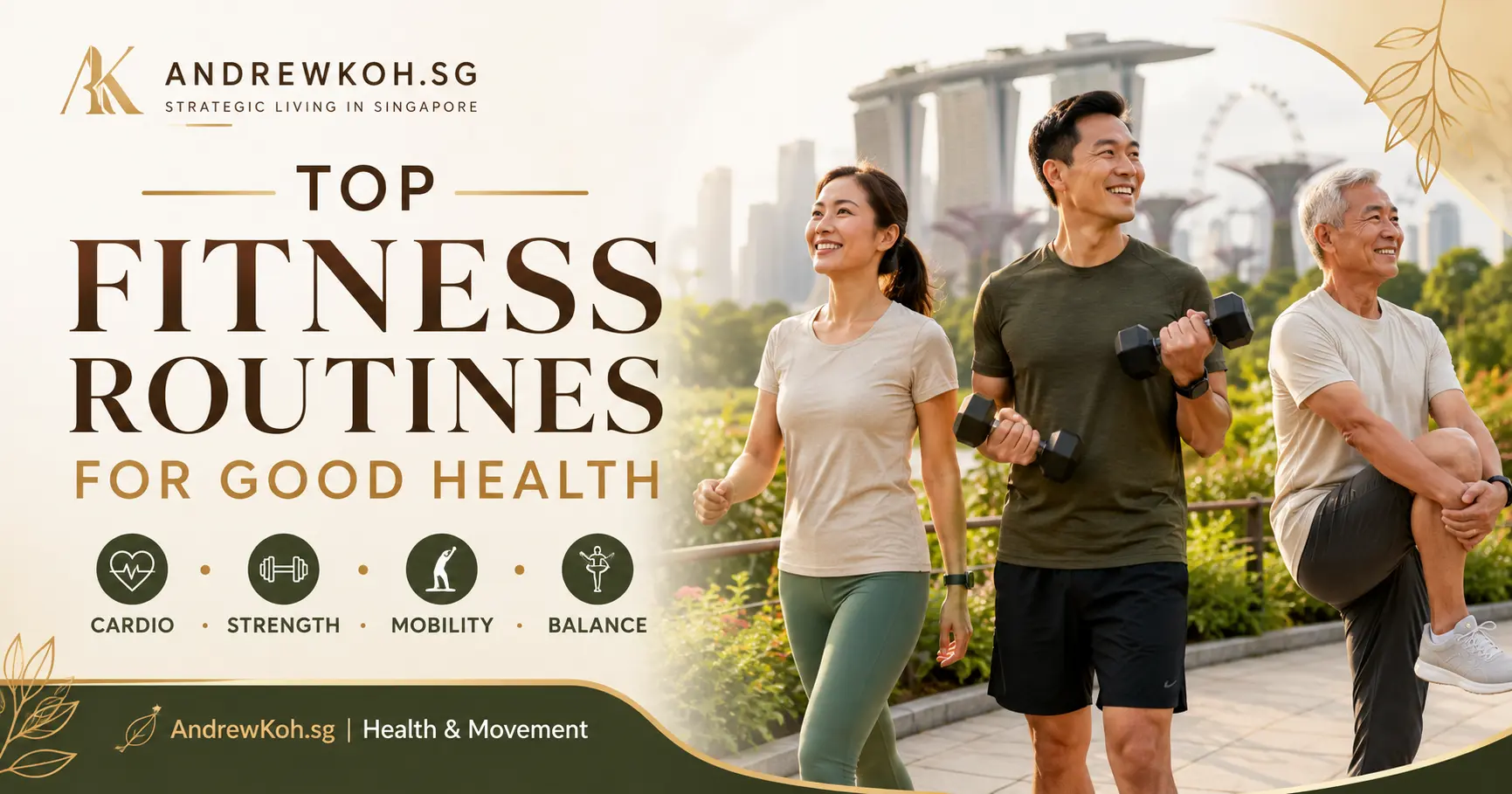 Active adults in Singapore doing cardio, strength, mobility and balance exercises for better health and active ageing.