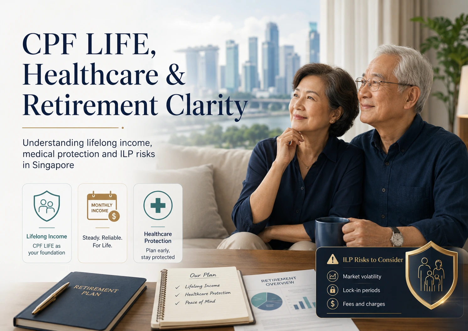 CPF LIFE, healthcare protection and retirement planning clarity for Singapore seniors, highlighting lifelong income, medical coverage and ILP risks.