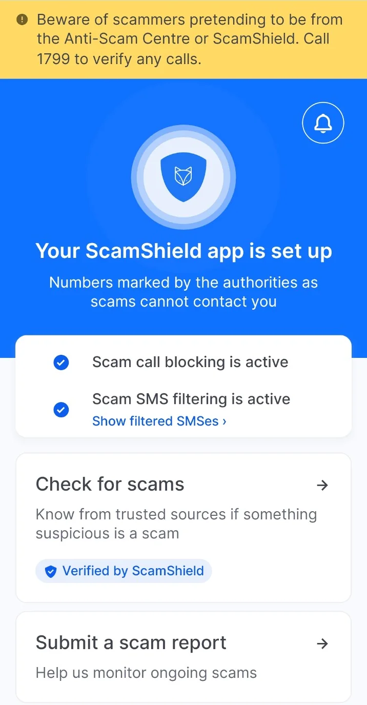 Step 1 showing the ScamShield app home screen with scam call blocking and scam SMS filtering active