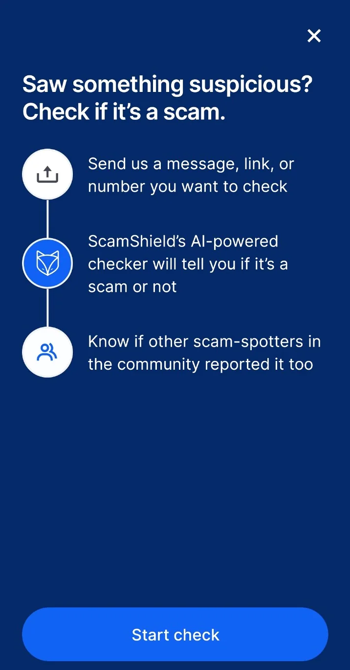 Step 2 showing the ScamShield start check screen for suspicious numbers messages or links