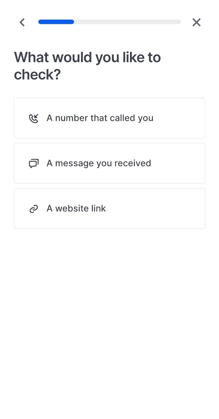 Step 3 showing choices to check a number that called you a message you received or a website link
