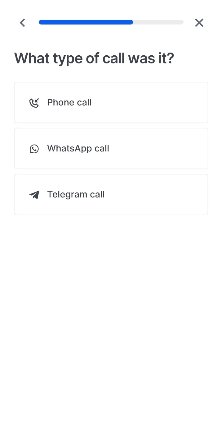Step 4 showing choices for phone call WhatsApp call or Telegram call