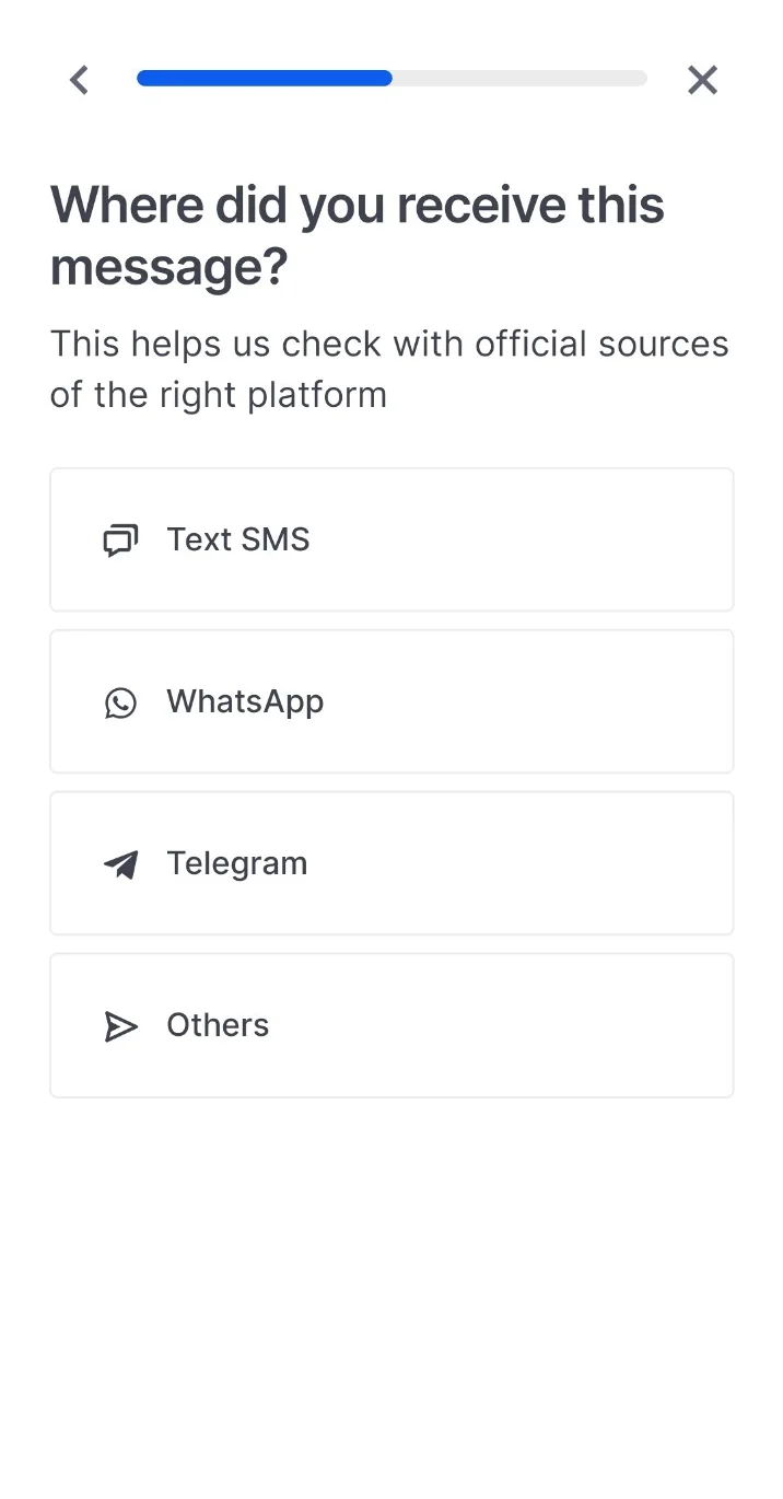Step 6 showing the message platform selection for Text SMS WhatsApp Telegram or Others