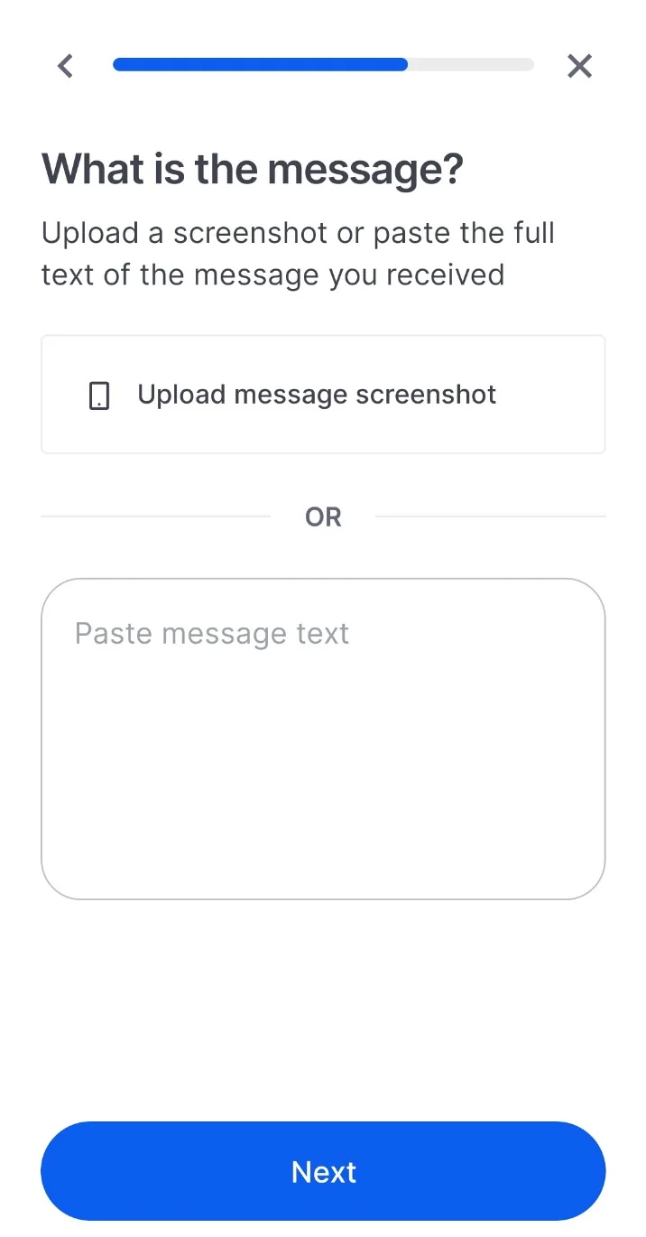Step 7 showing options to upload a message screenshot or paste the message text
