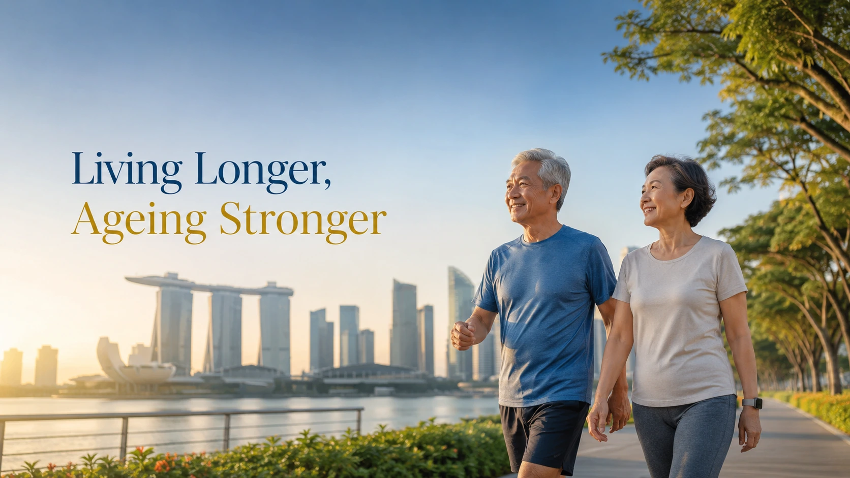 Active seniors walking by Singapore waterfront, representing healthspan, mobility, balance and active ageing.