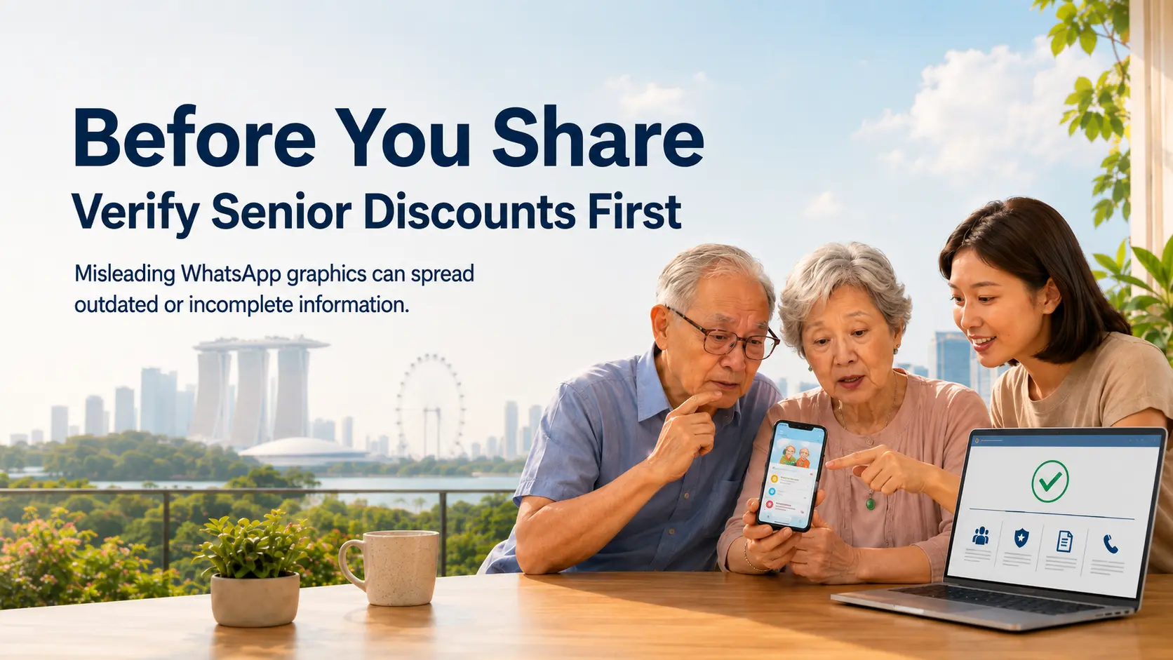 Family helping older adults verify a forwarded senior discount graphic before sharing it