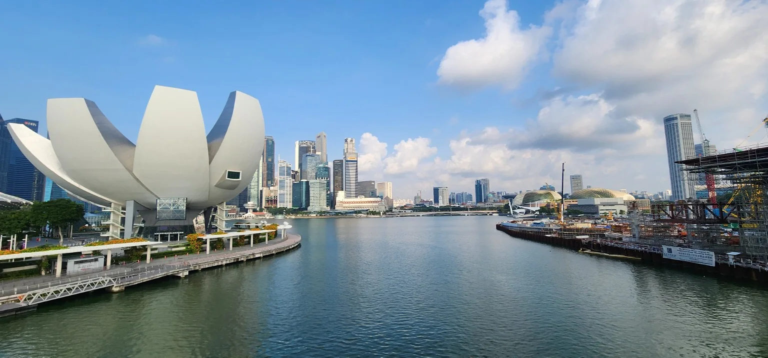 ArtScience Museum, Marina Bay waterfront and Singapore city skyline during an early morning jog