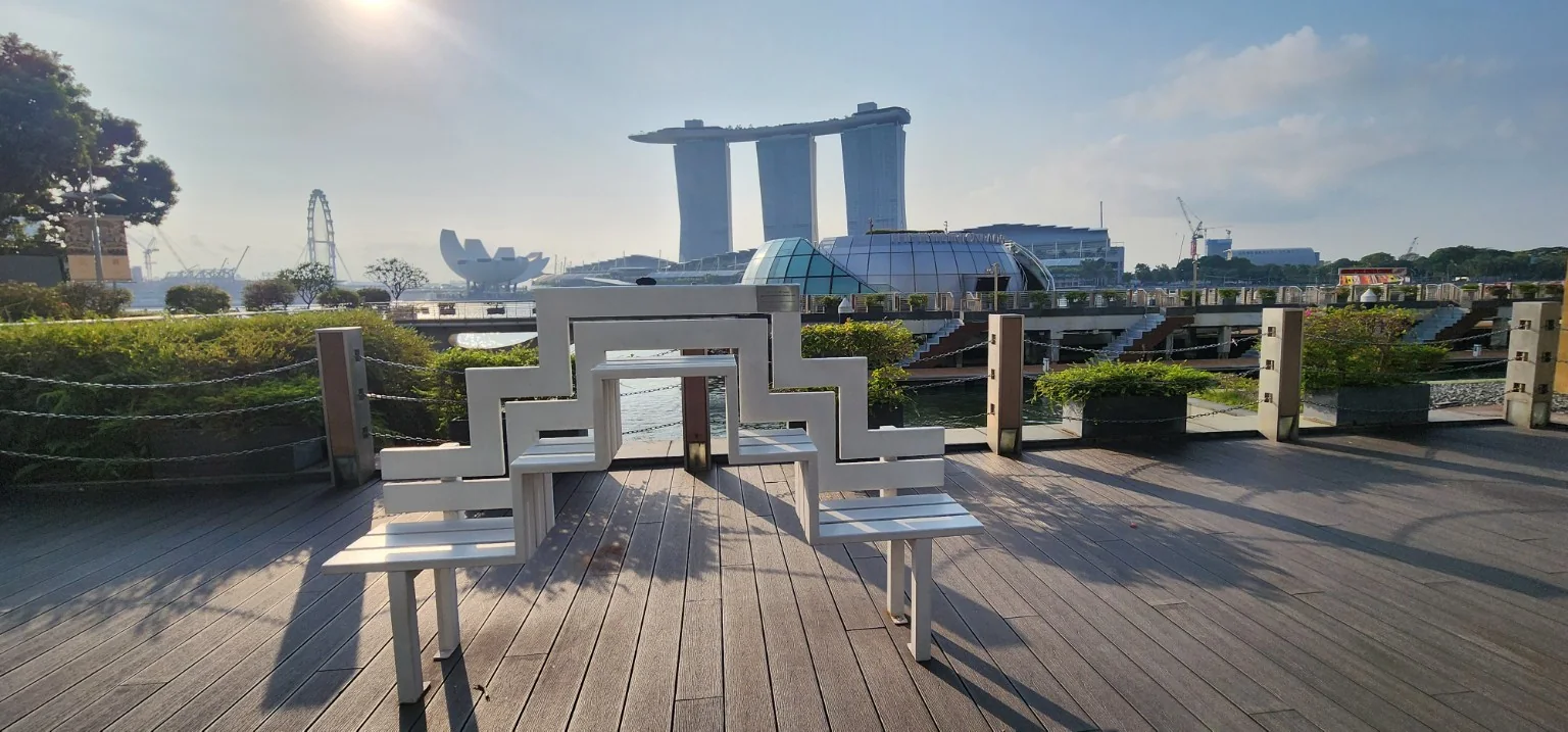 Public seating artwork overlooking Marina Bay Sands