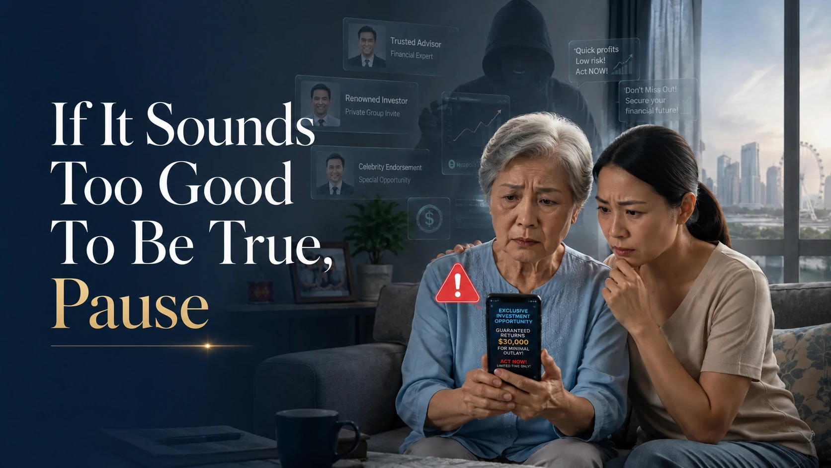 Elderly Singaporean woman and daughter reviewing a suspicious investment message as a reminder to pause, verify and protect seniors from scams.