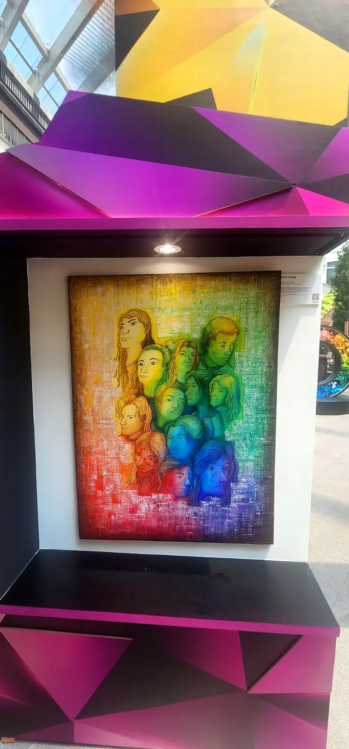 Portrait artwork at a Yellow Ribbon arts exhibition in Singapore