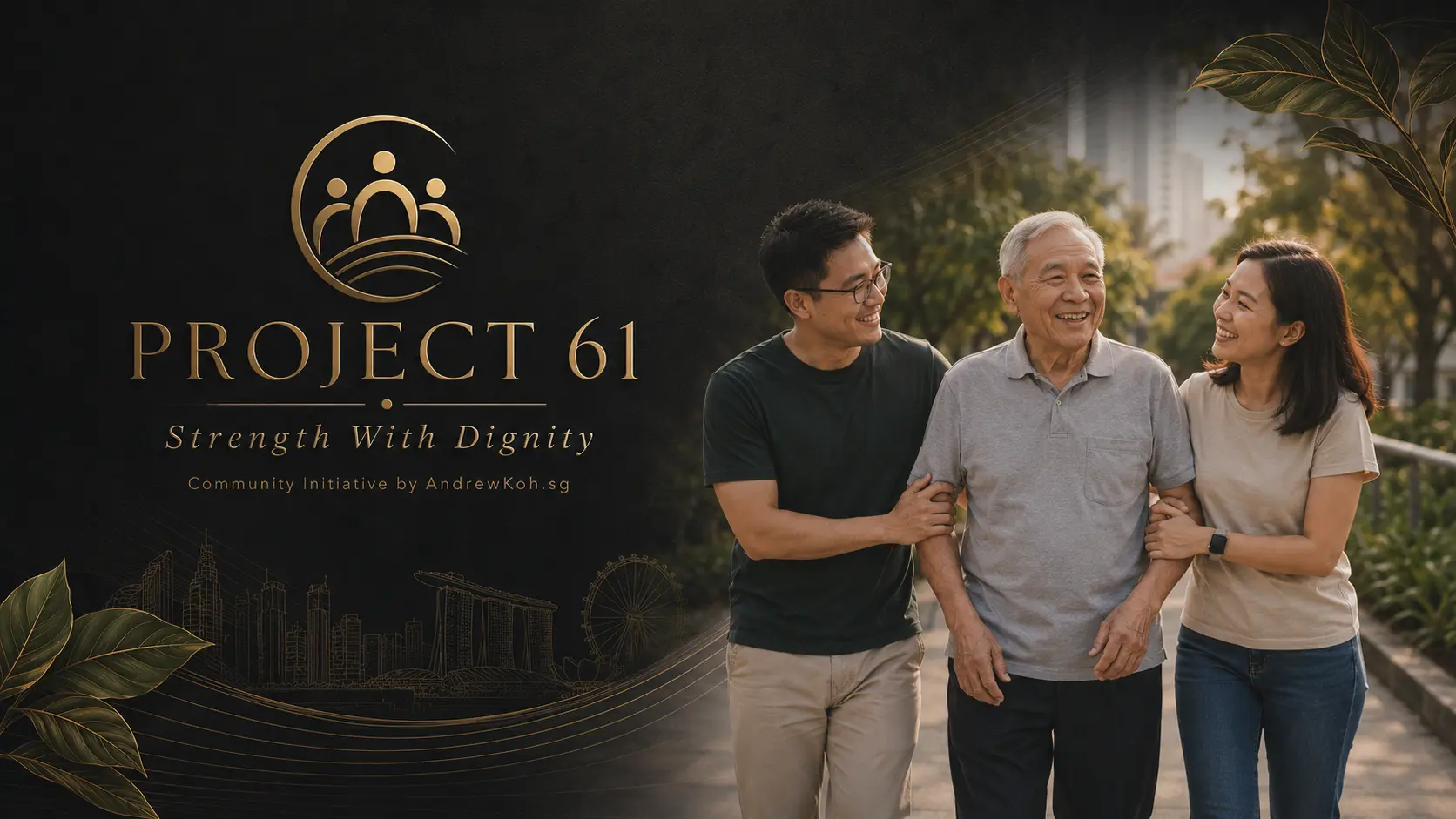 Project 61 — Strength With Dignity. An older man walking outdoors with two younger adults in a warm, supportive community scene.