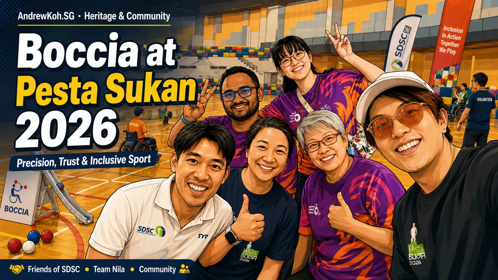 Group selfie of participants at the Boccia Pesta Sukan inclusive sporting event in Singapore.