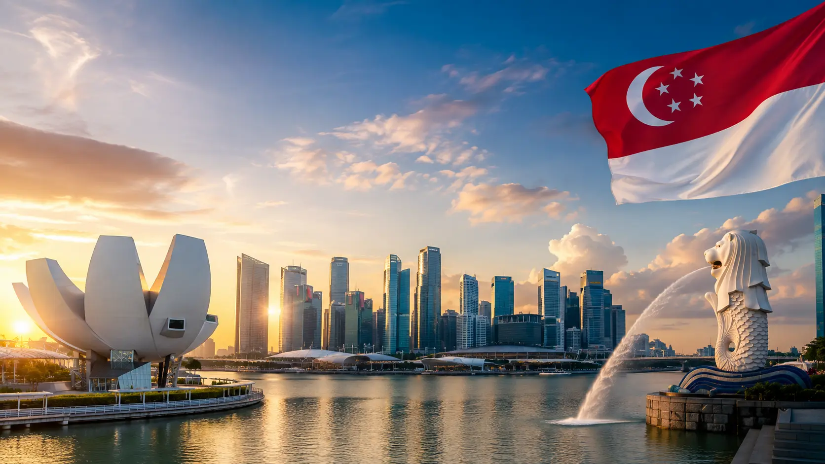 Singapore skyline during National Day golden hour with celebratory fireworks