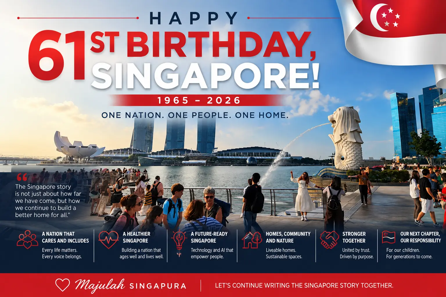 Happy 61st Birthday Singapore 2026 poster featuring the Merlion, national flag and the message One People, One Home.