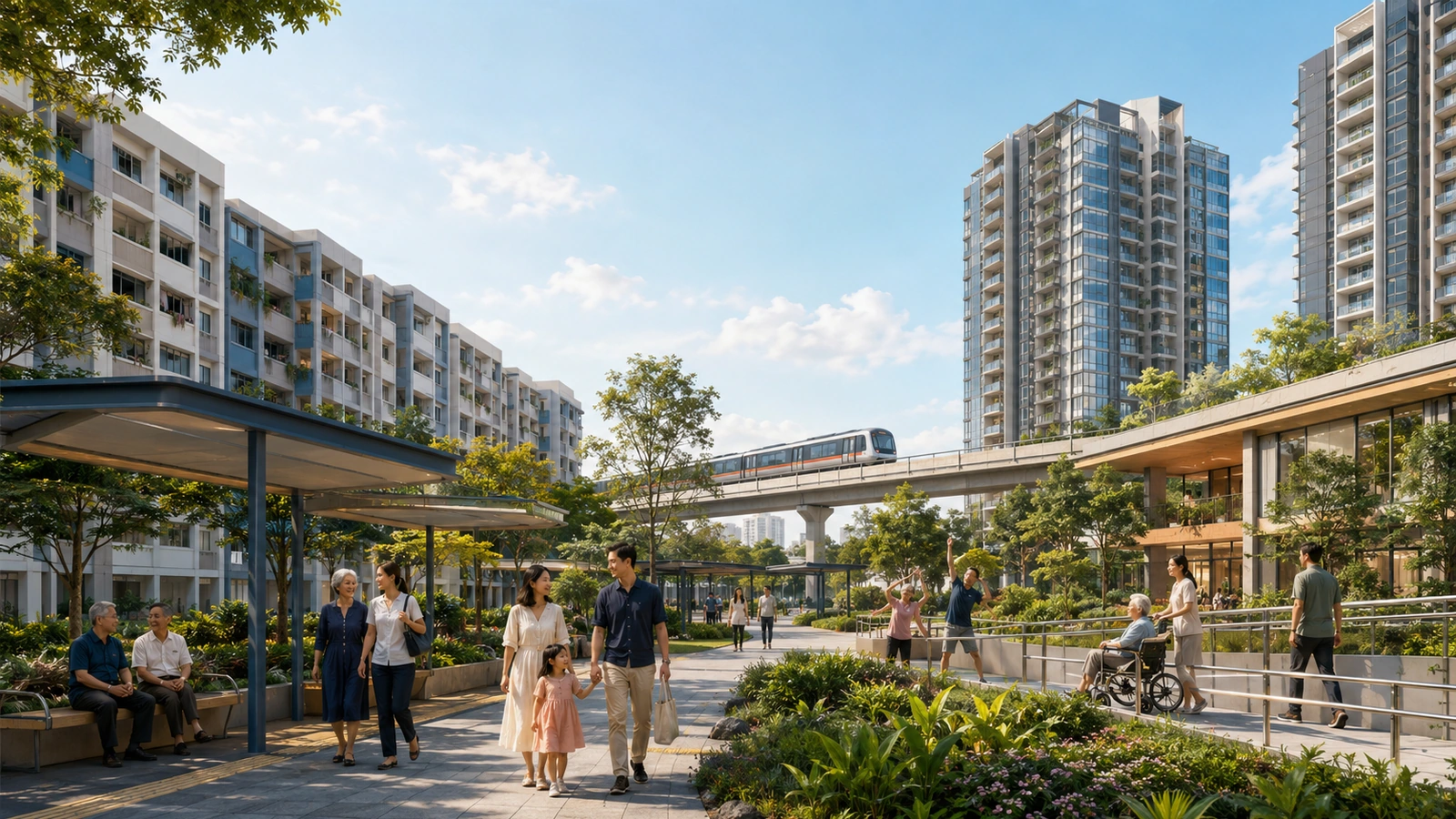 Editorial illustration showing HDB blocks and private condominiums connected within one Singapore neighbourhood, with residents of different ages using shared green, transport and accessible community spaces.