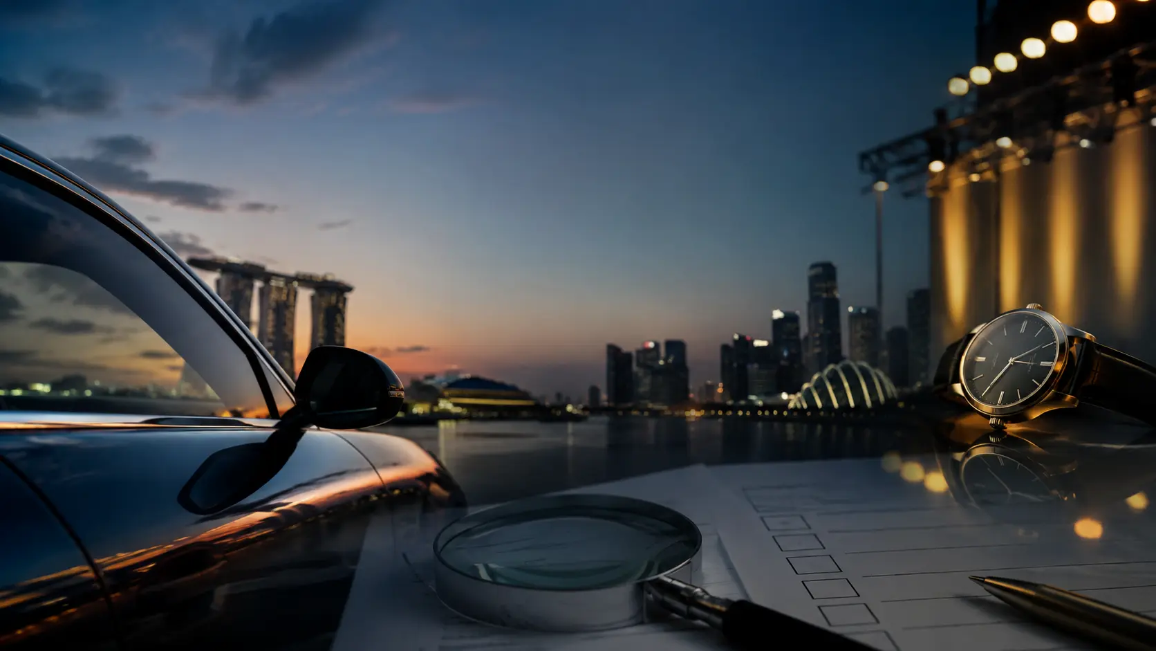 Luxury car and watch beside a magnifying glass and verification checklist against the Singapore skyline.