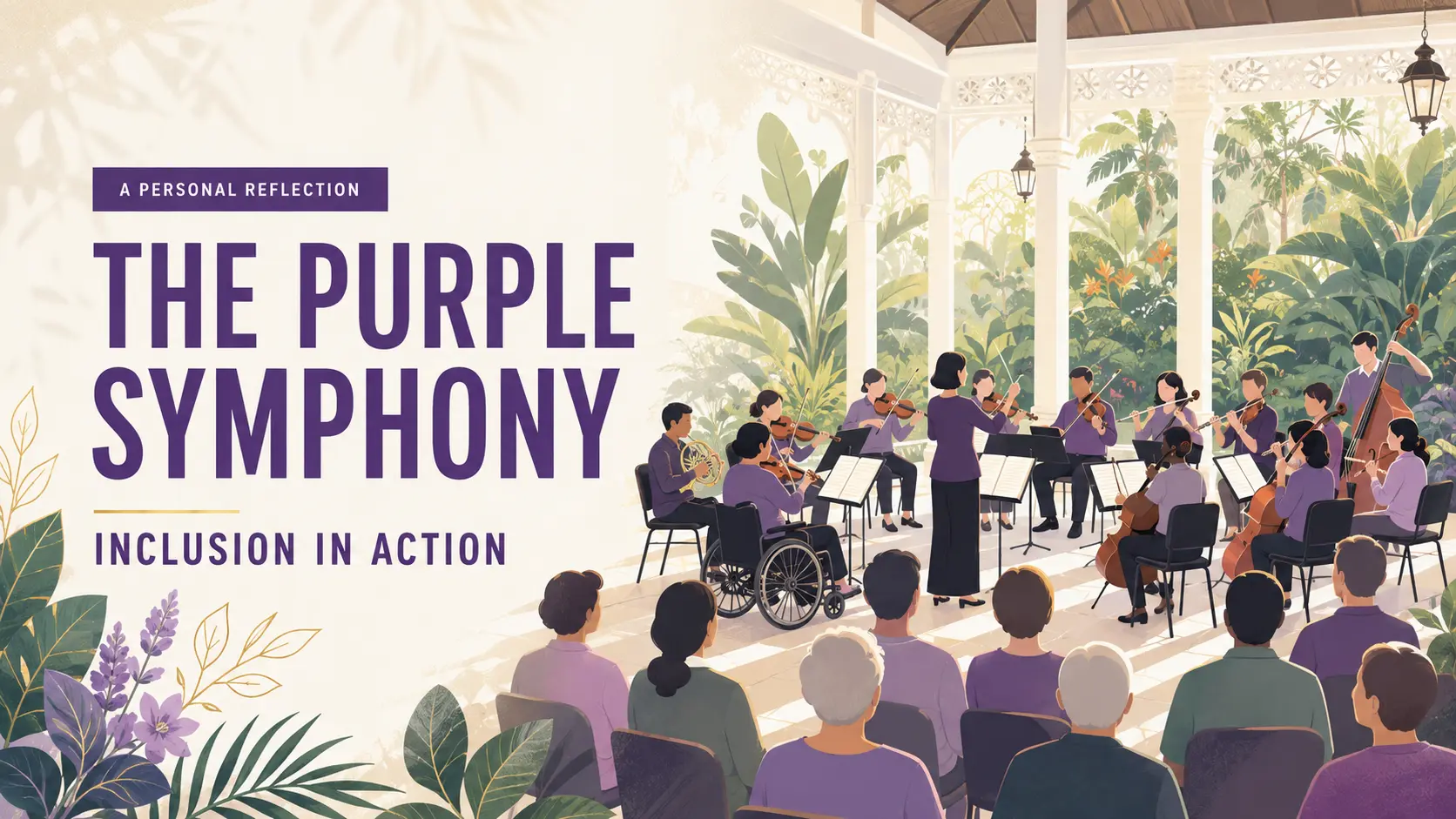 Illustration of The Purple Symphony inclusive orchestra performing for an audience in Singapore.