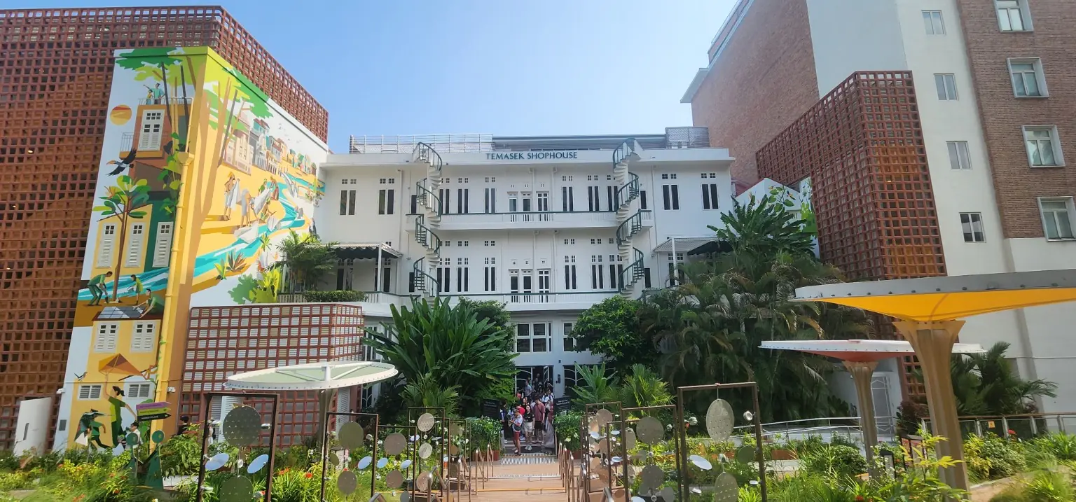 Temasek Shophouse with its heritage mural and landscaped outdoor community space during GREEN-HOUSE Festival 2026
