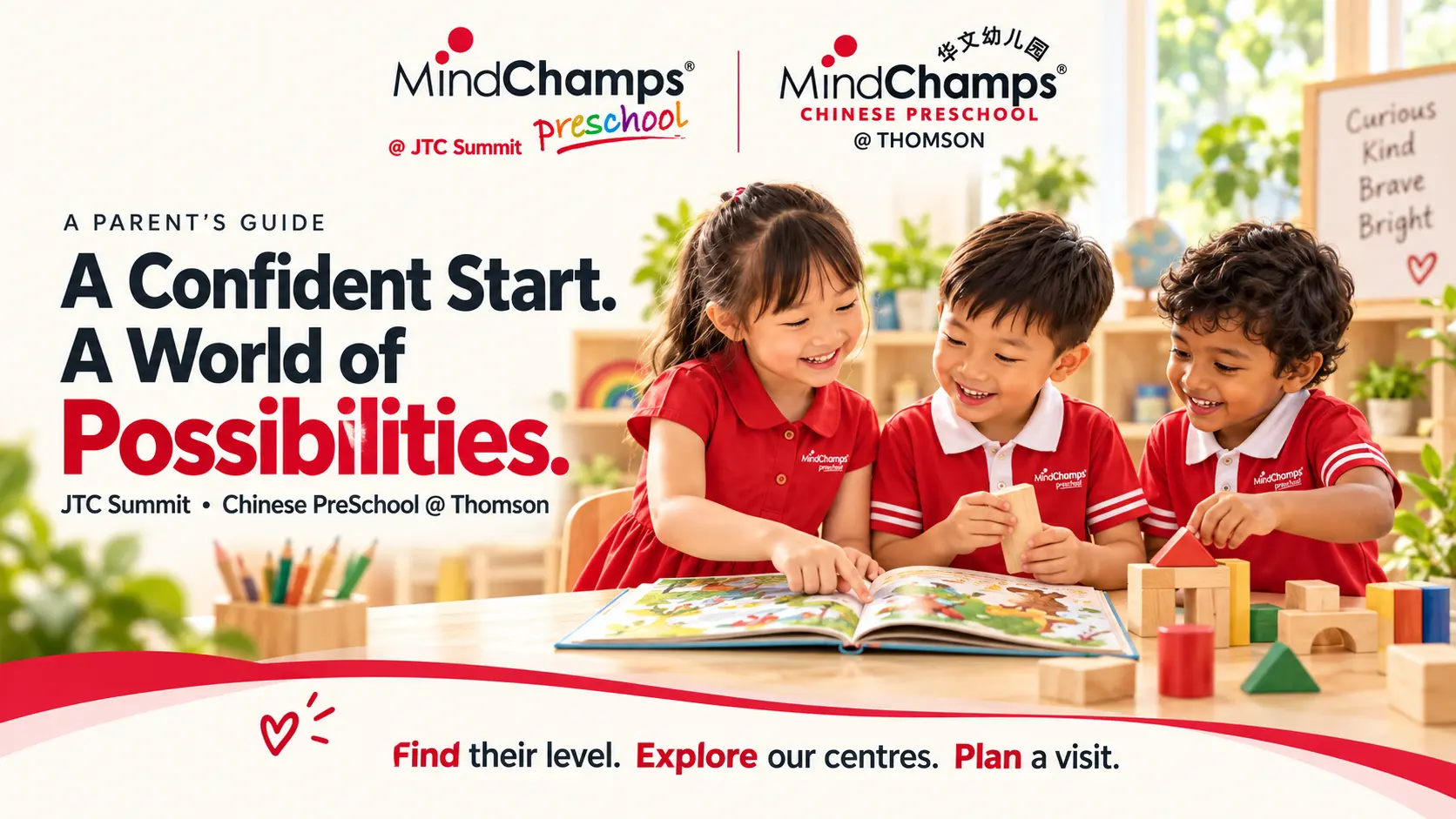 MindChamps JTC Summit and Chinese PreSchool at Thomson parent guide: A Confident Start. A World of Possibilities. Illustration of children reading and building together.
