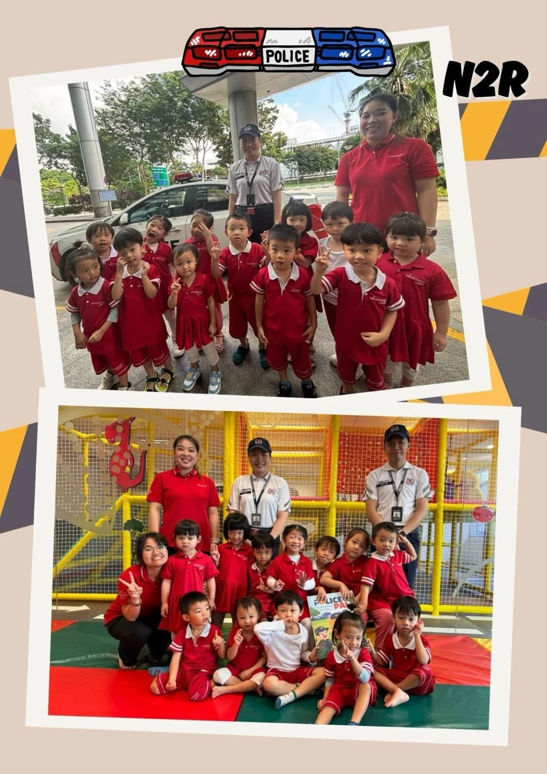 Two-photo collage of children and educators meeting police visitors, with a police car and an indoor play area.