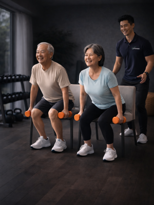 Seniors performing evidence-based sit-to-stand strength training with supervised exercise specialist in Singapore homes.