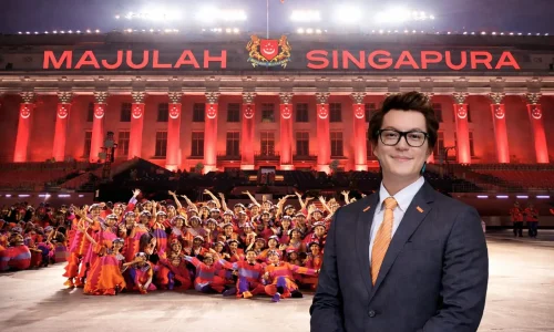 Andrew Koh with a Singapore heritage and community backdrop featuring a Majulah Singapura civic celebration scene