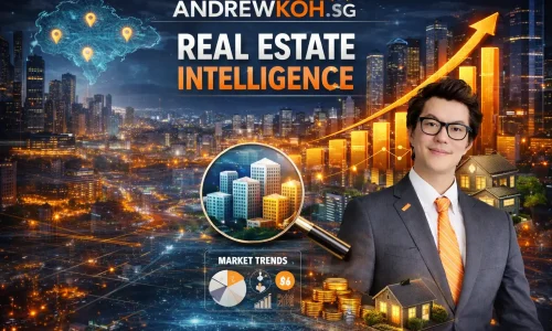 Real estate intelligence graphic for AndrewKoh.sg featuring a suited property professional, Singapore skyline, market growth chart, magnifying glass, and housing investment visuals